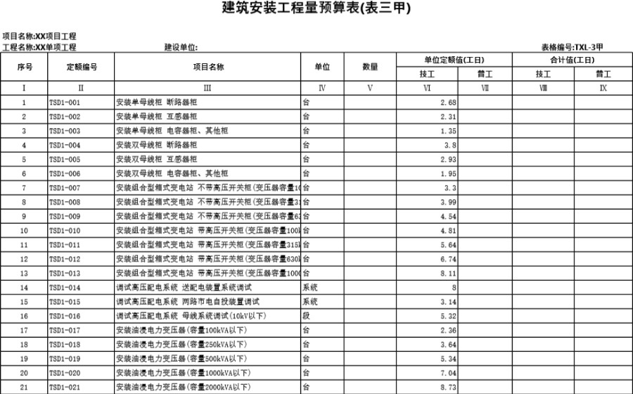 建筑安装工程量预算表(表三甲乙丙)