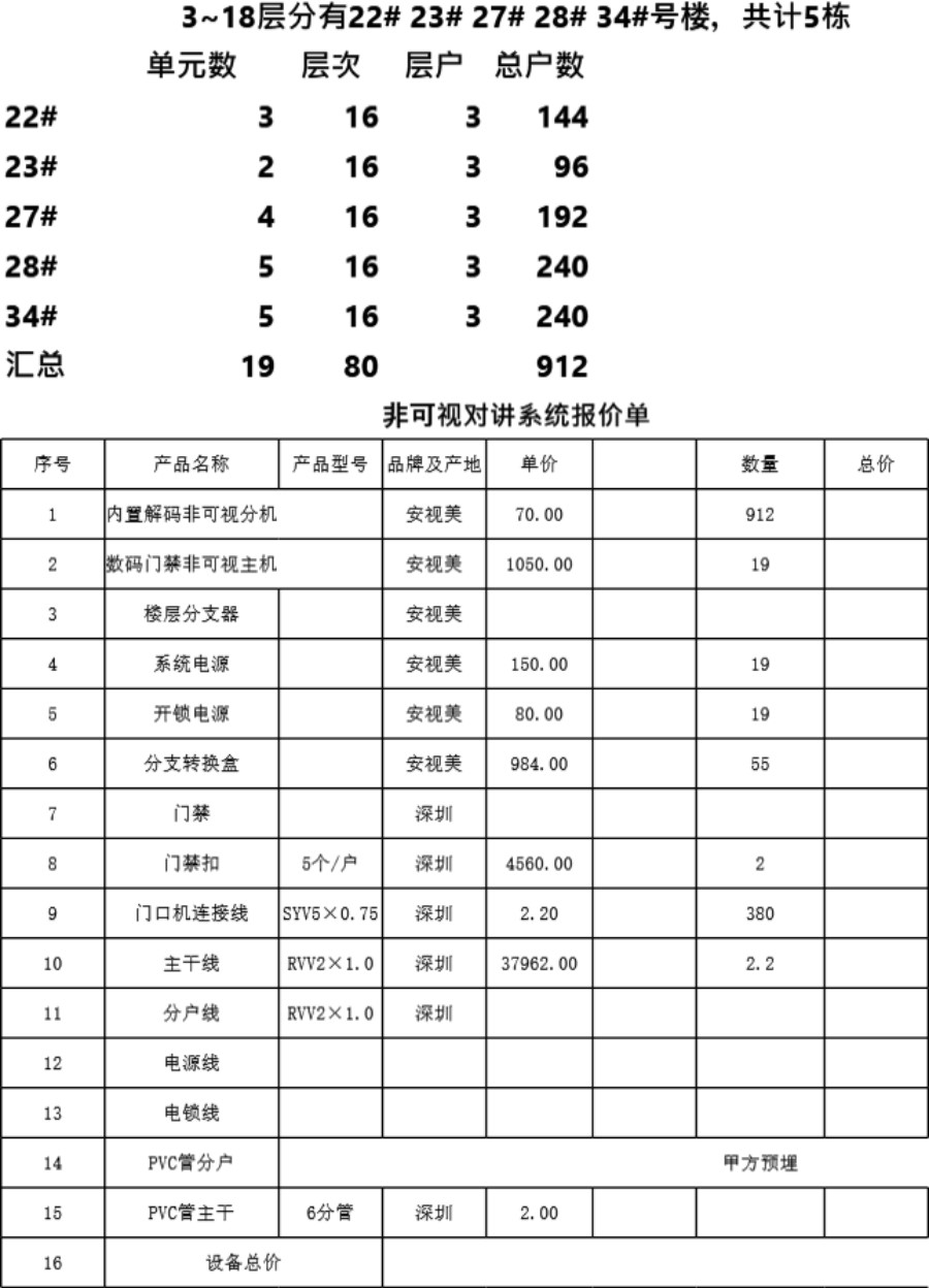 楼宇对讲系统报价单