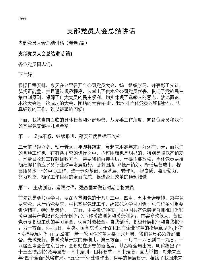 支部党员大会总结讲话3篇