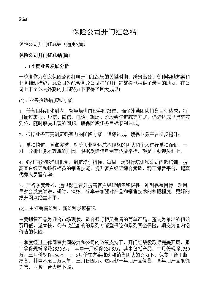 保险公司开门红总结3篇