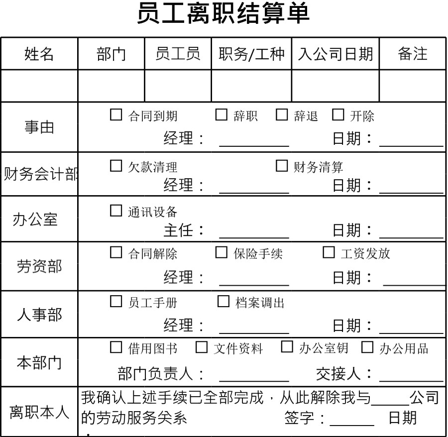 员工离职结算表