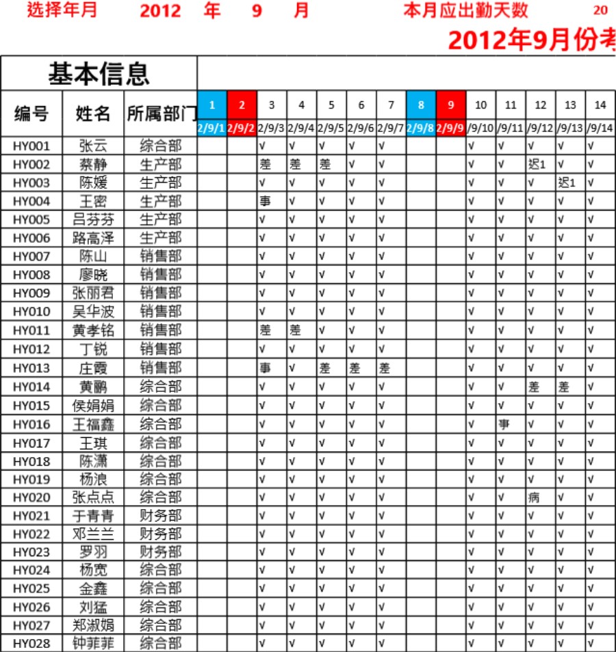 员工考勤统计表