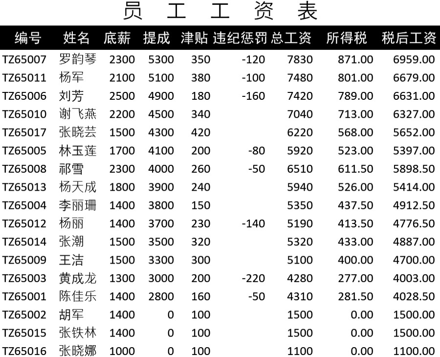 员工工资表1表格模板