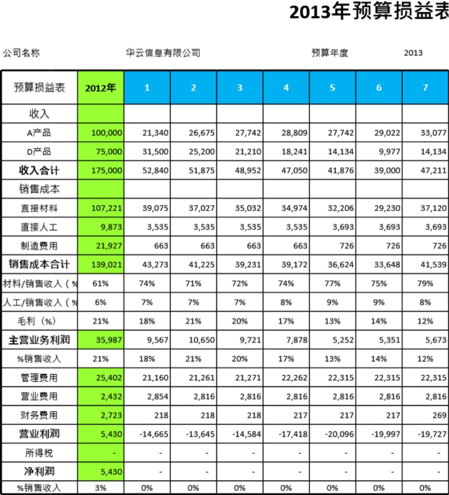 预算损益表模板