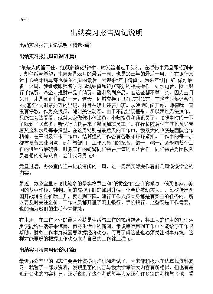 出纳实习报告周记说明3篇