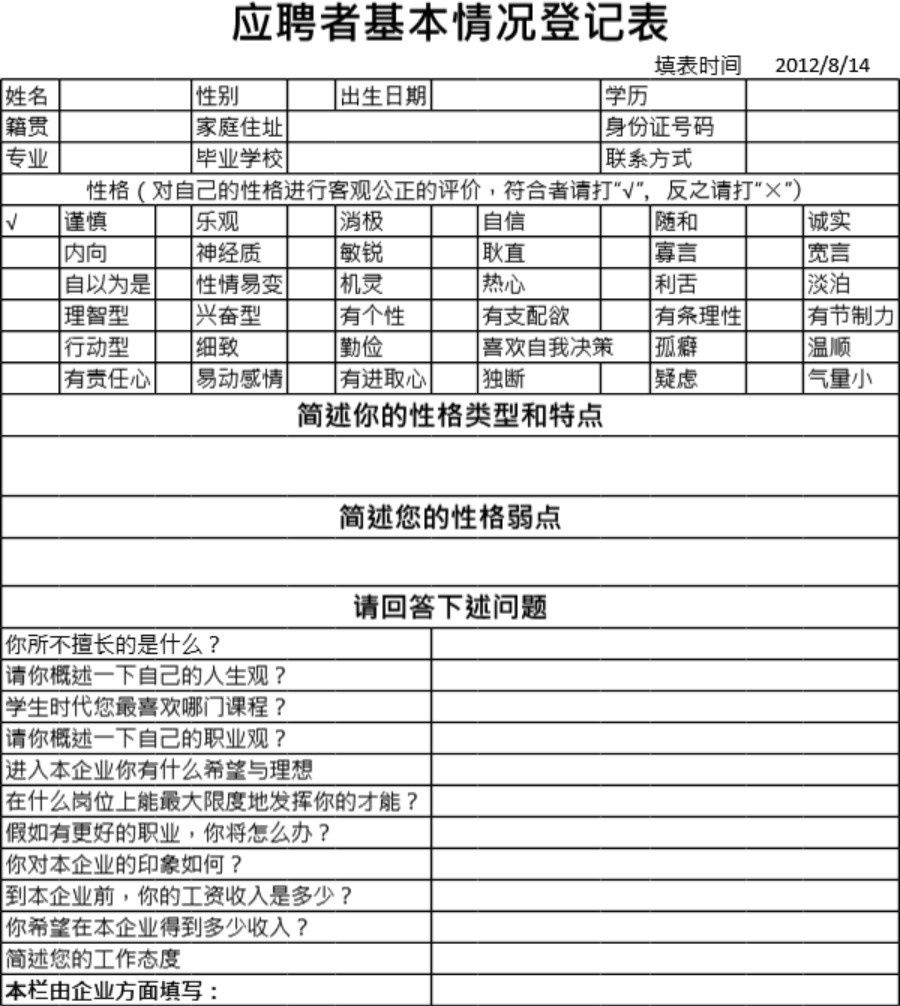 应聘者基本情况登记表