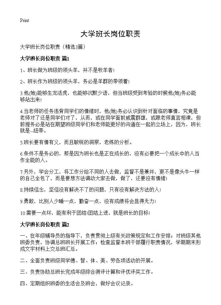 大学班长岗位职责3篇