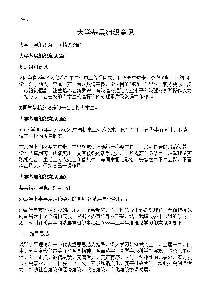 大学基层组织意见3篇