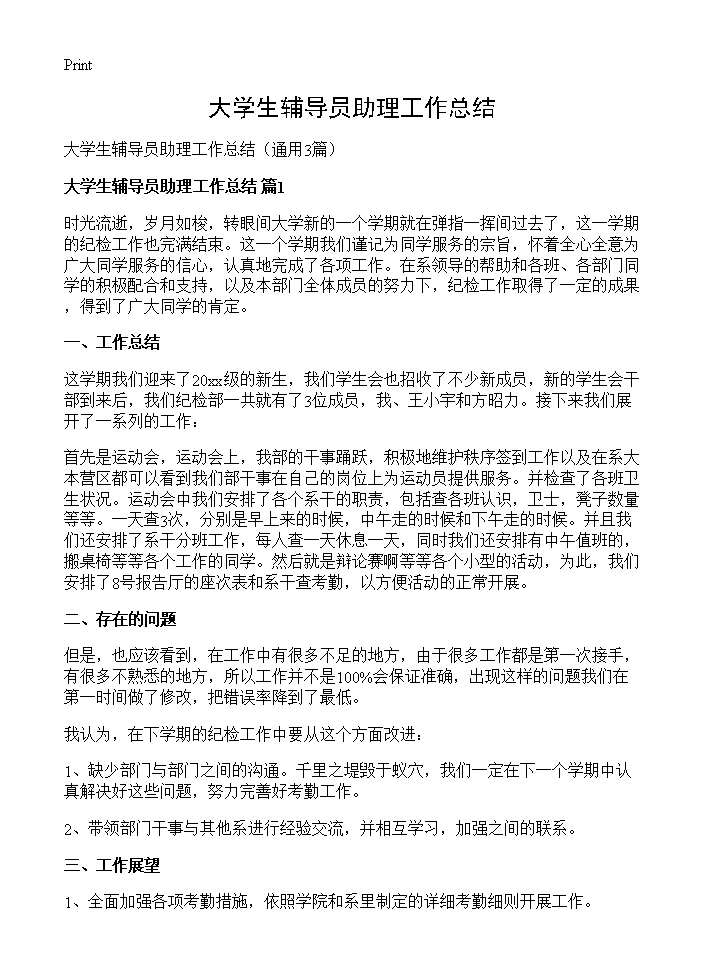 大学生辅导员助理工作总结3篇