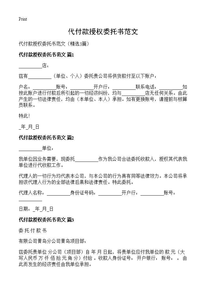 代付款授权委托书范文3篇