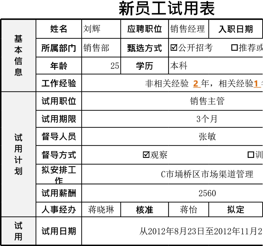 新员工试用表