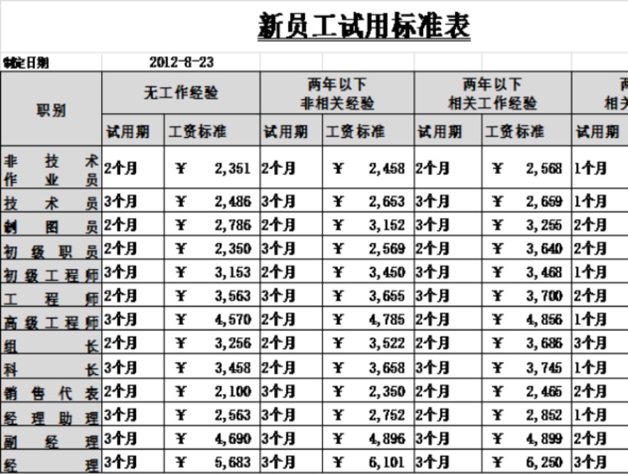 新员工试用标准表