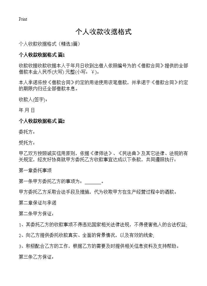 个人收款收据格式3篇