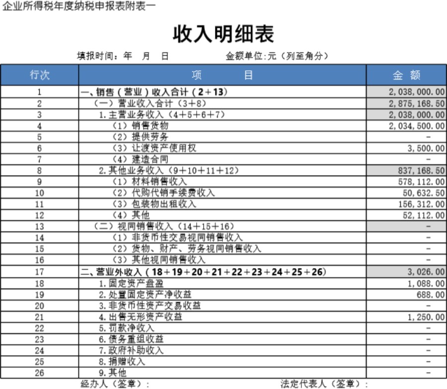 收入明细表模板