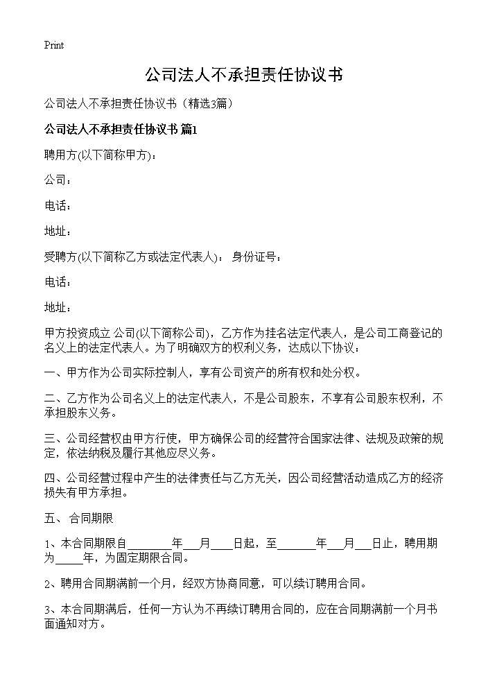 公司法人不承担责任协议书3篇