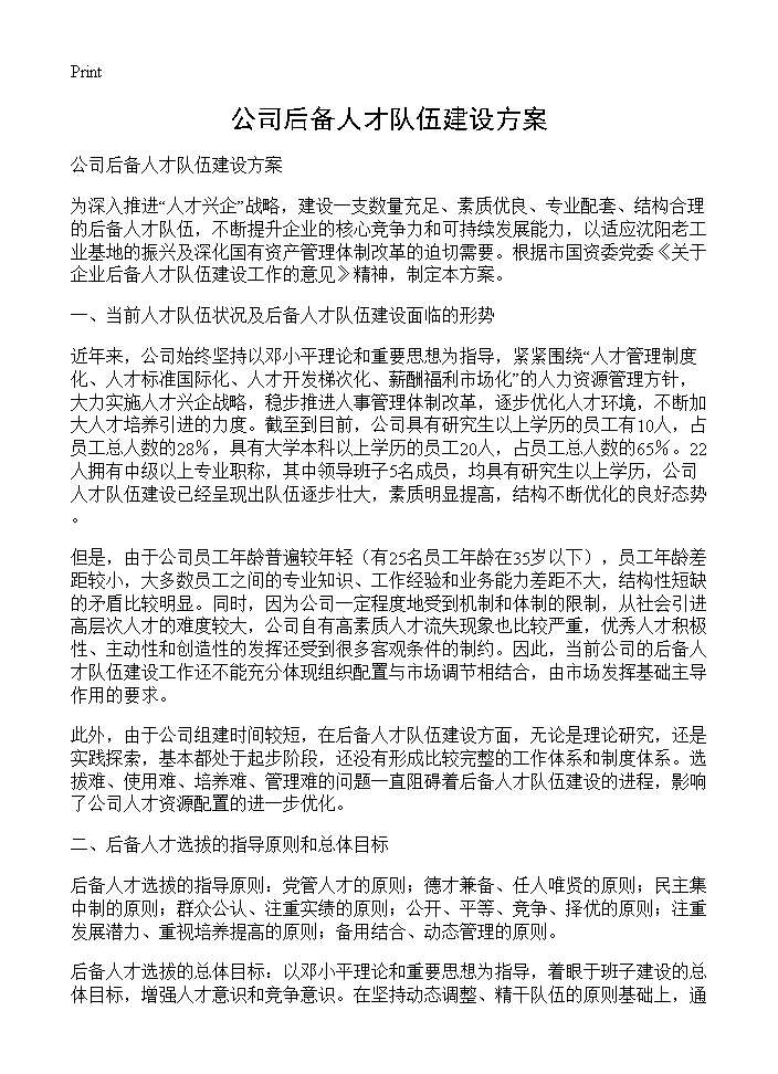 公司后备人才队伍建设方案