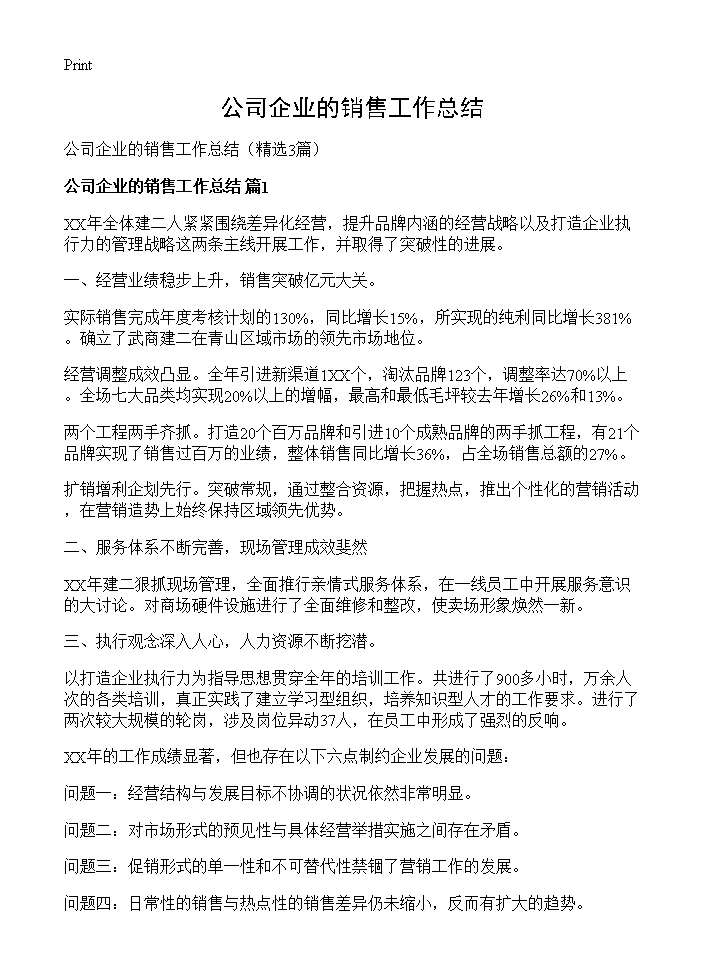 公司企业的销售工作总结3篇