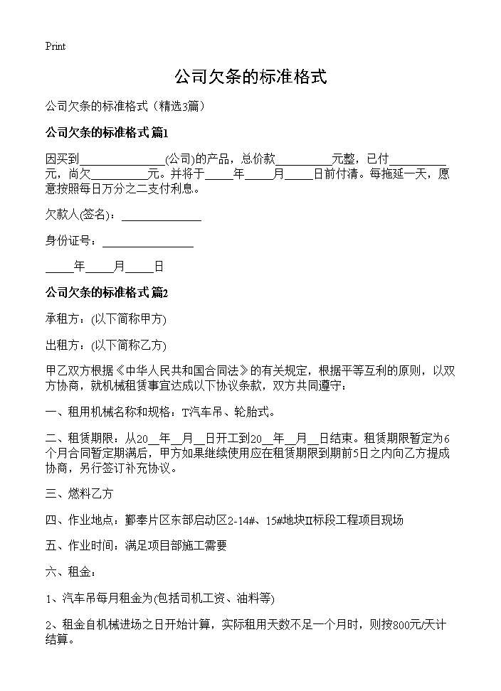 公司欠条的标准格式3篇