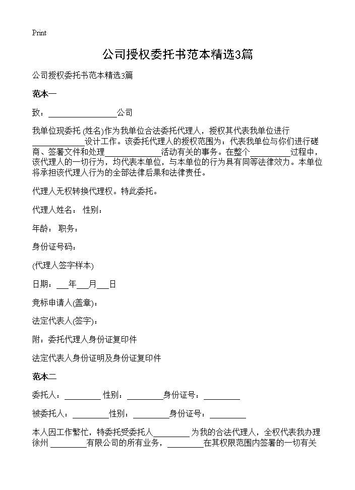 公司授权委托书范本精选3篇