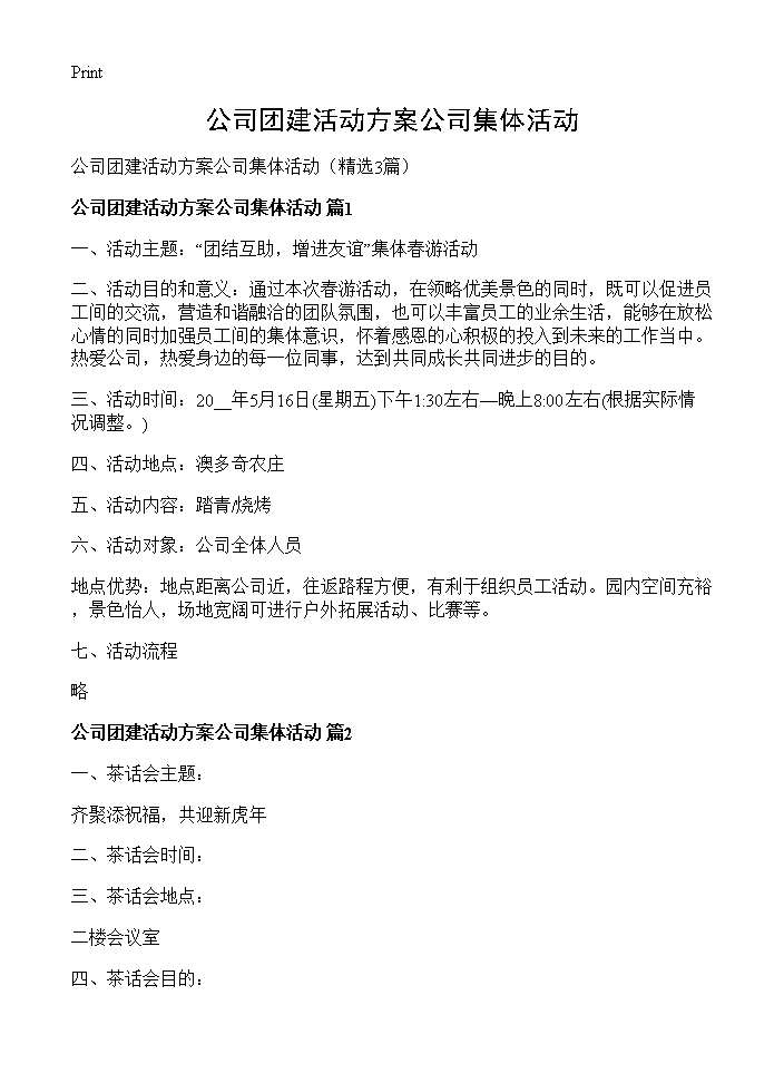 公司团建活动方案公司集体活动3篇