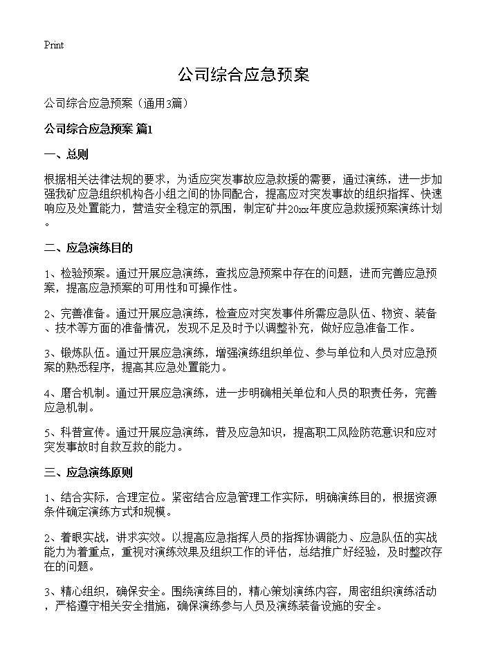 公司综合应急预案3篇