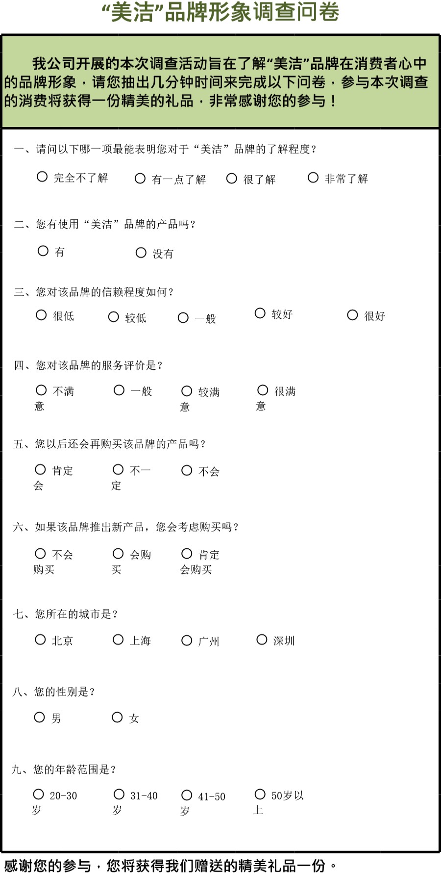 品牌形象调查问卷