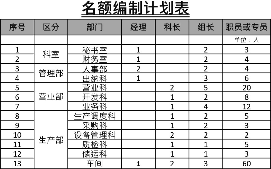 名额编制计划表