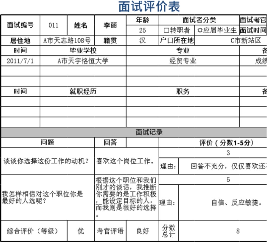 面试评价表