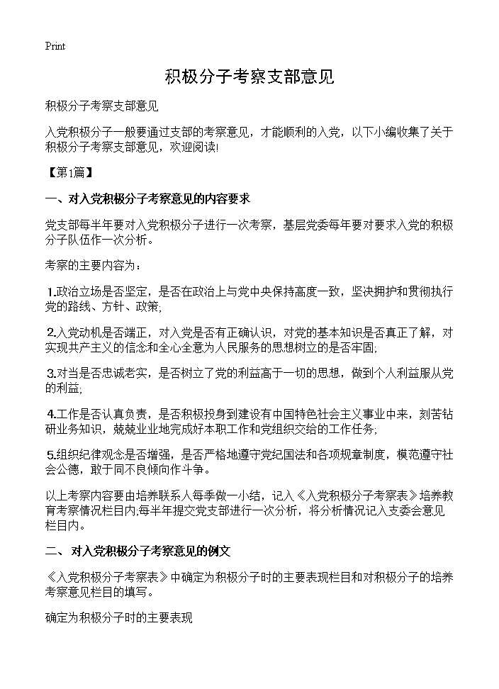 积极分子考察支部意见