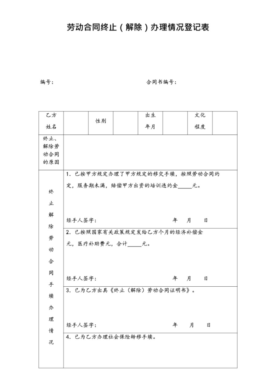 劳动合同终止办理情况登记表