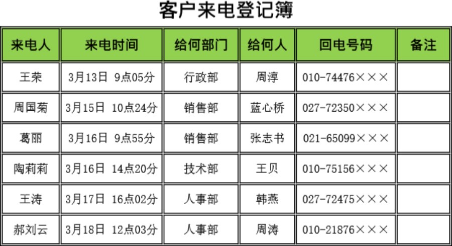 客户来电登记簿