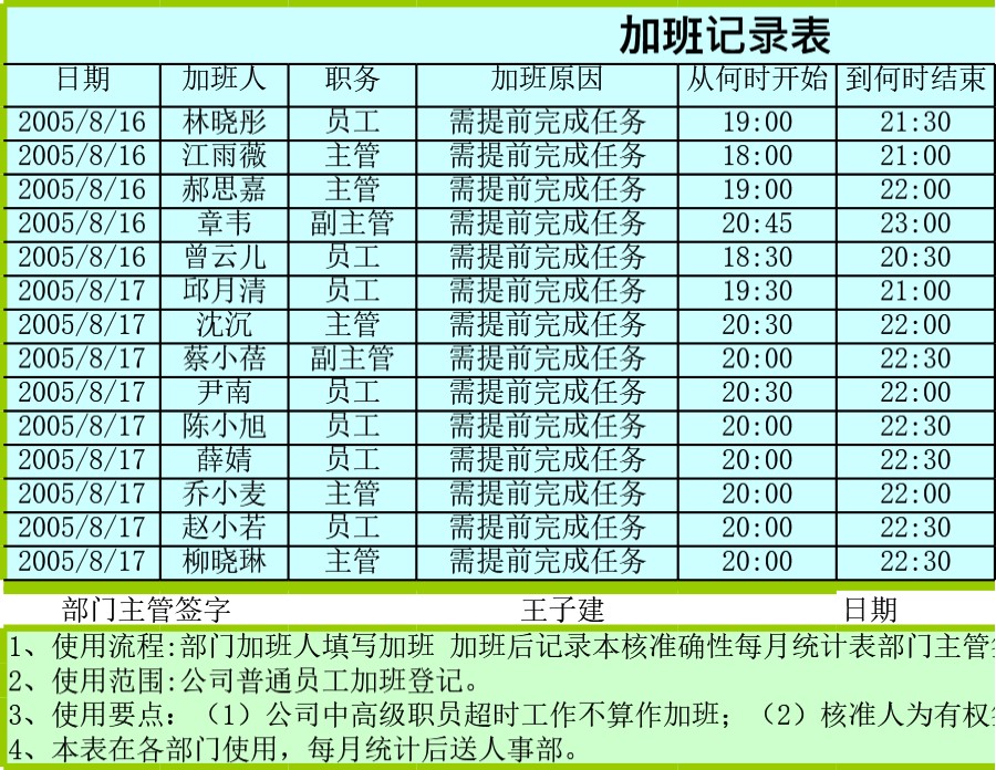 加班记录表模板