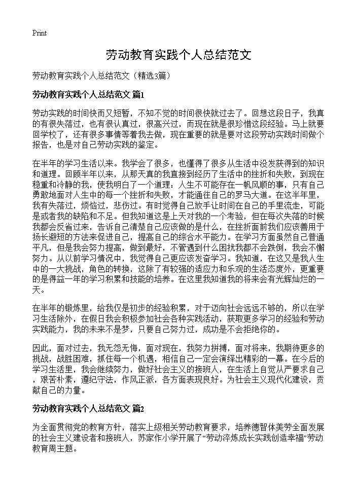 劳动教育实践个人总结范文3篇