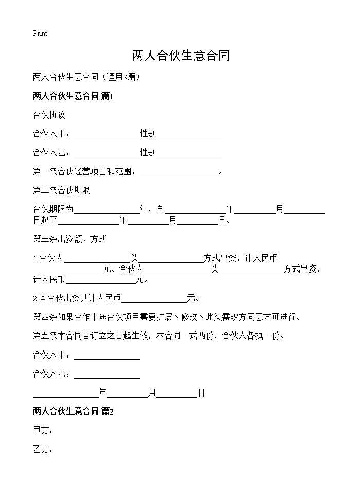 两人合伙生意合同3篇