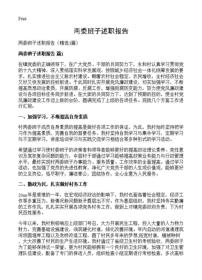 两委班子述职报告3篇