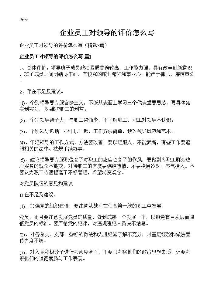 企业员工对领导的评价怎么写3篇