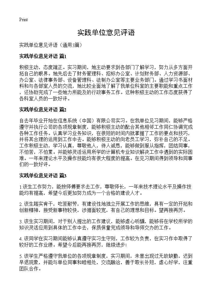 实践单位意见评语3篇