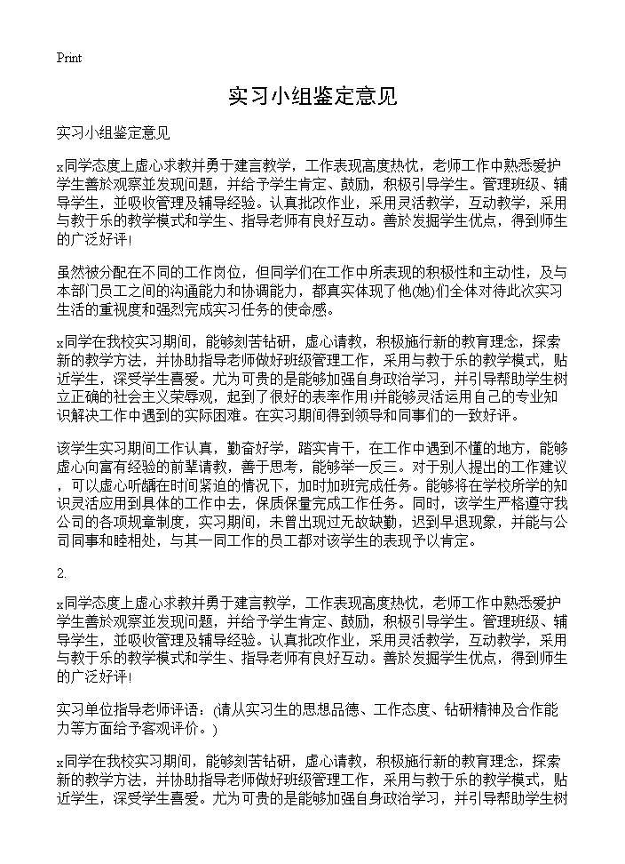 实习小组鉴定意见