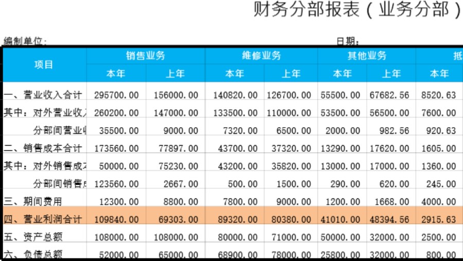 财务分部报表模板