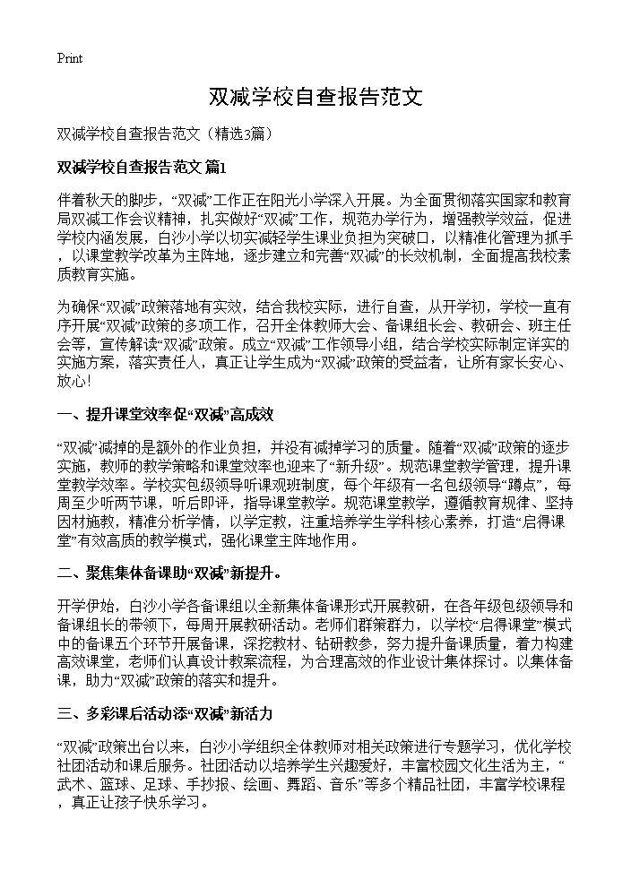 双减学校自查报告范文3篇