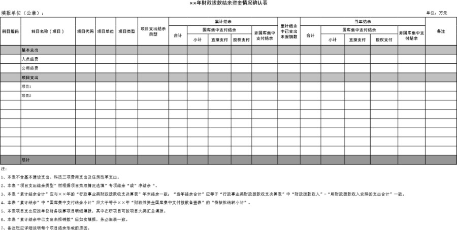 ××年财政拨款结余资金情况确认表模板