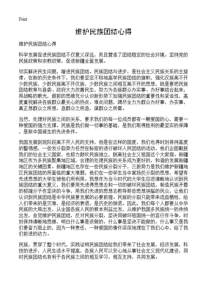 维护民族团结心得