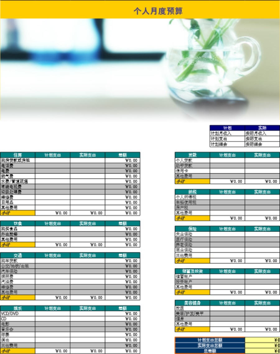 个人月度预算财务表模板