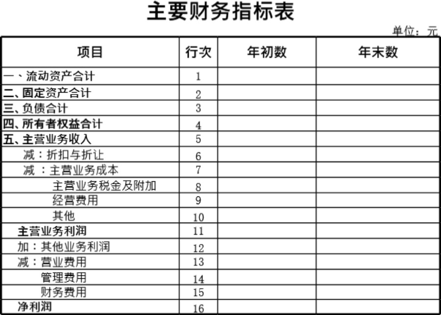 主要财务指标表模板