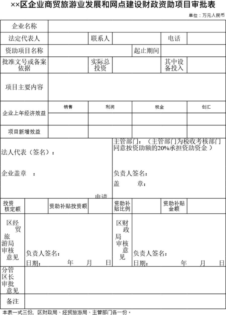 企业商贸旅游业发展和网点建设财政资助项目审批表模板