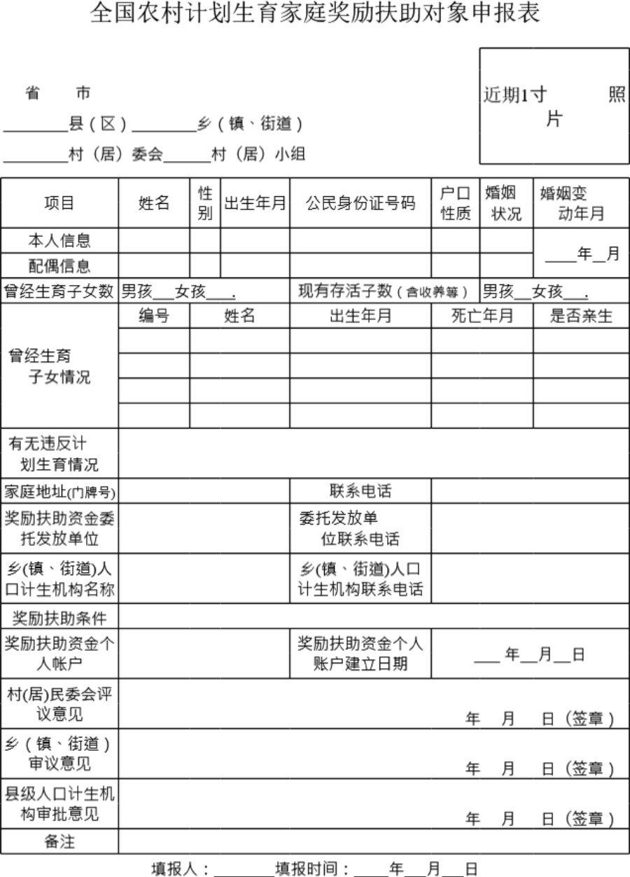 全国农村计划生育家庭奖励扶助对象申报表模板