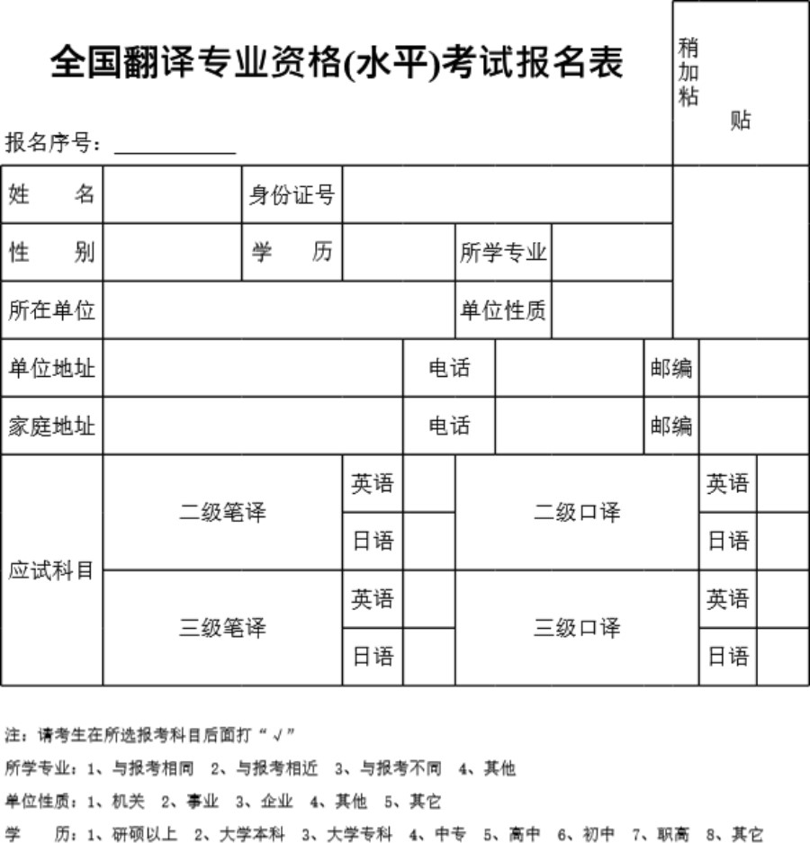 全国翻译专业资格(水平)考试报名表模板