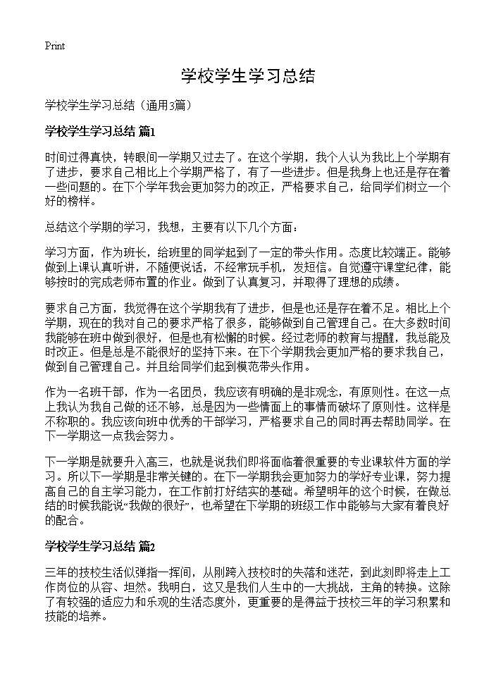 学校学生学习总结3篇