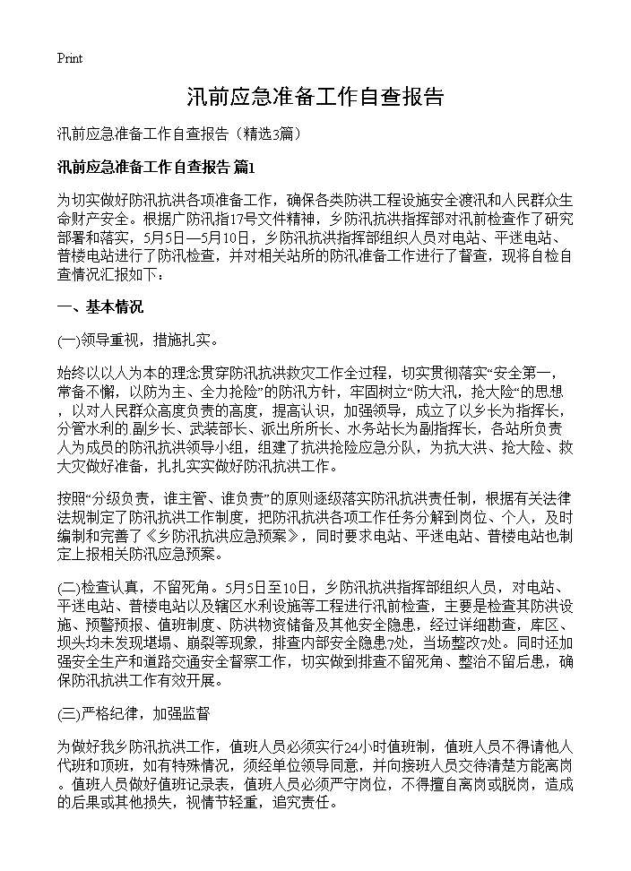 汛前应急准备工作自查报告3篇