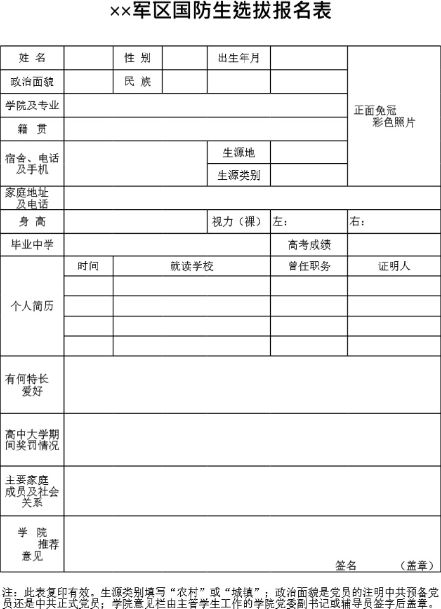 军区国防生选拔报名表模板